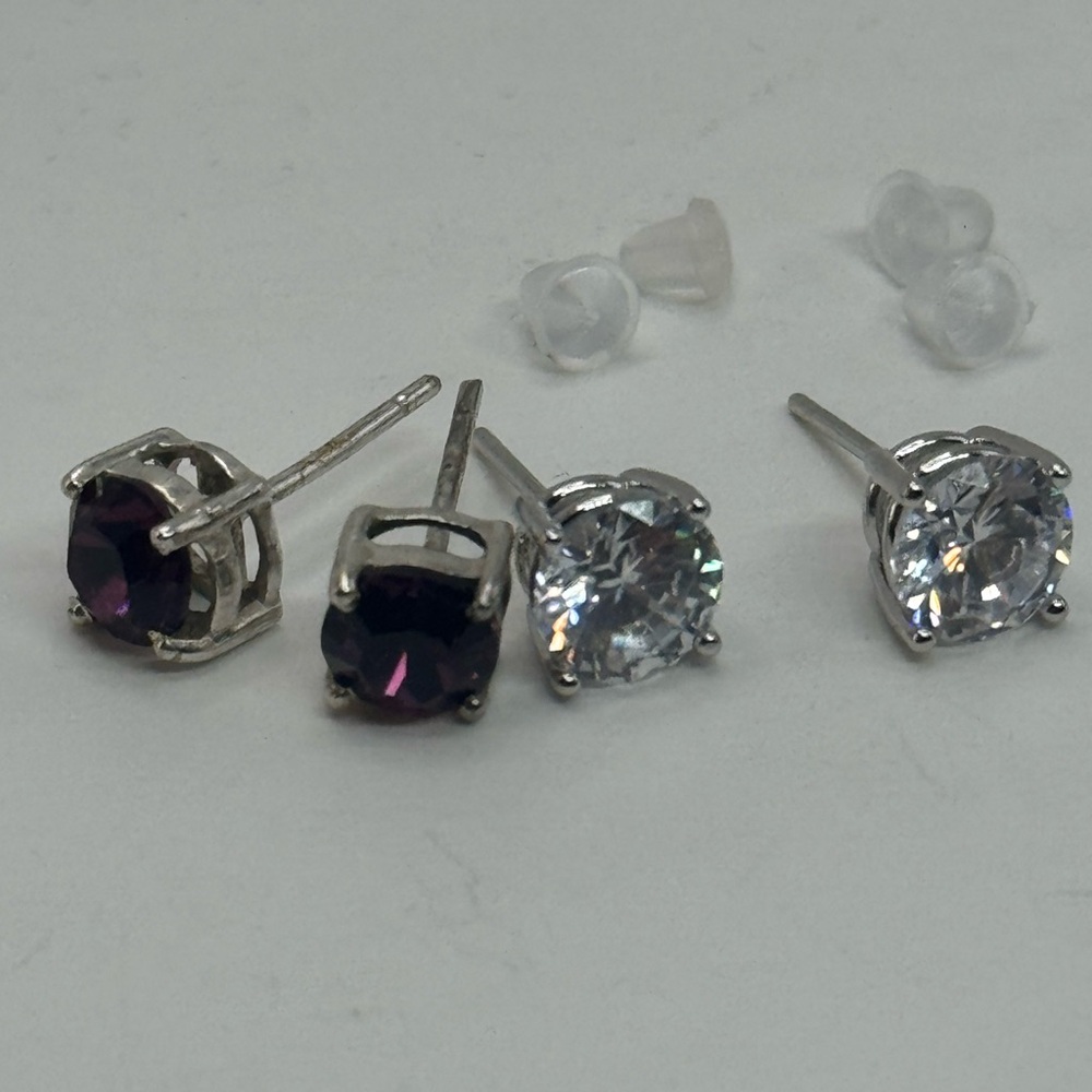 Silver tone clear and Purple crystal Stud Earrings Set